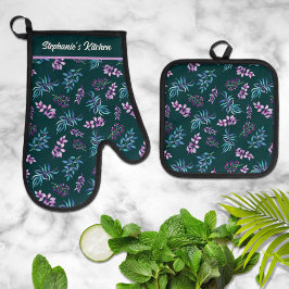 Pretty Watercolor Dark Floral Personalized  鍋つかみ&鍋敷きセット