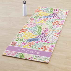 Pretty Watercolor Floral Blooming Custom Name ヨガマット