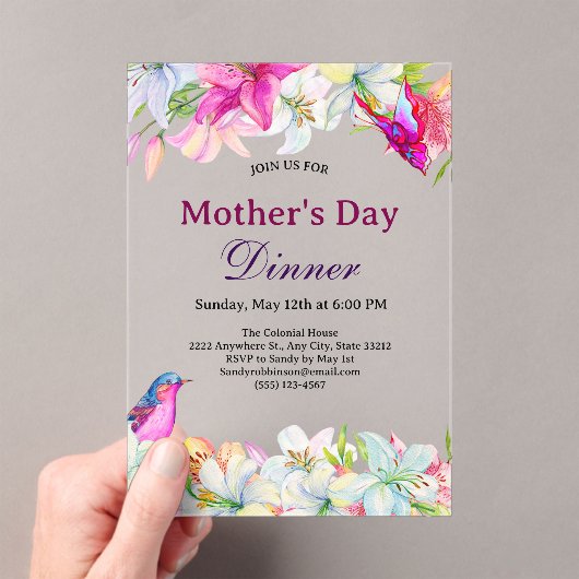 Pretty Watercolor Floral White Mother's Day Dinner アクリル招待状 (インサイチュ (ポータブル))