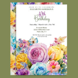 Pretty Watercolor Spring Floral 40歳の誕生日 招待状