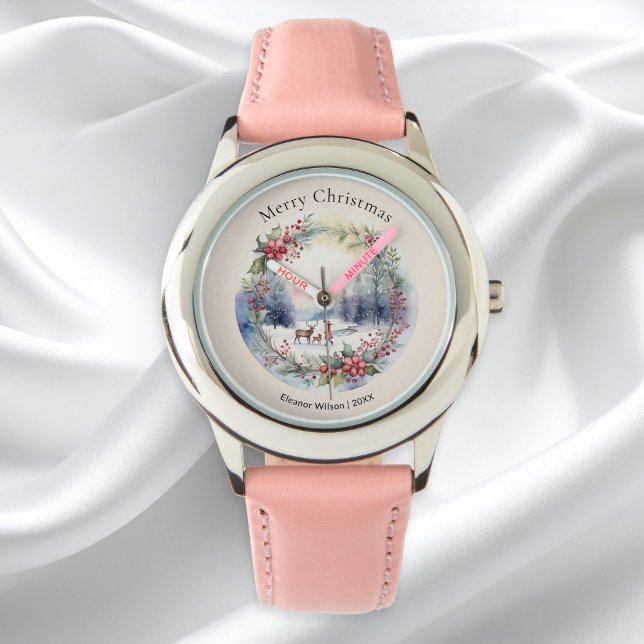 Pretty Watercolor Winter Snow Scene Personalized 腕時計 (A personalized watch with 'Merry Christmas’ greeting and a pretty snow scene in a watercolor style)