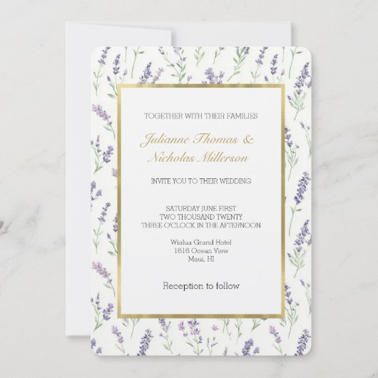Pretty White Lavender Flowers Wedding 招待状 (正面)