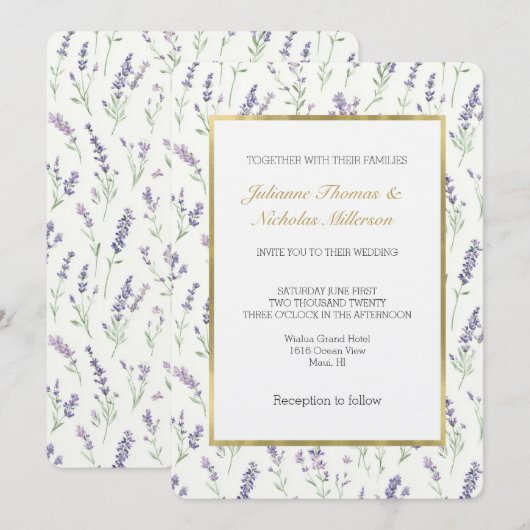 Pretty White Lavender Flowers Wedding 招待状 (正面/裏面)