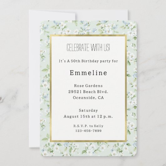 Pretty White Light Blue Floral Birthday 招待状 (正面)