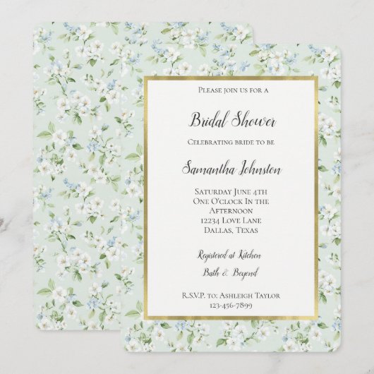 Pretty White Mint Light Blue Floral Bridal Shower  招待状 (正面/裏面)