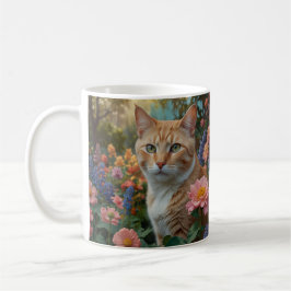 Pretty white orange cat in floral garden コーヒーマグカップ