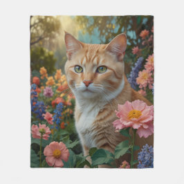 Pretty white orange cat in floral garden フリースブランケット