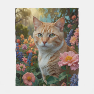 Pretty white orange cat in floral garden フリースブランケット