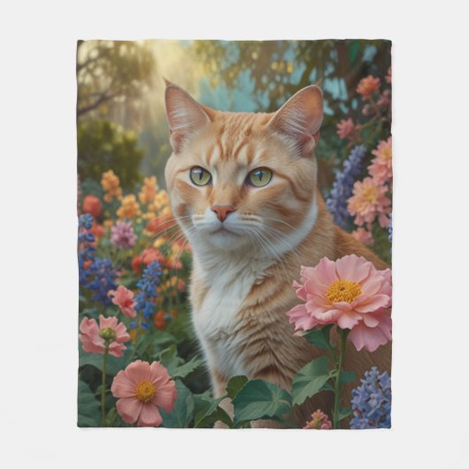 Pretty white orange cat in floral garden フリースブランケット (正面)
