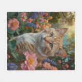 Pretty white orange cat in floral garden フリースブランケット (正面(横))