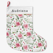 Pretty White Pink Hearts Roses Floral Christmas ラージクリスマスストッキング (正面)