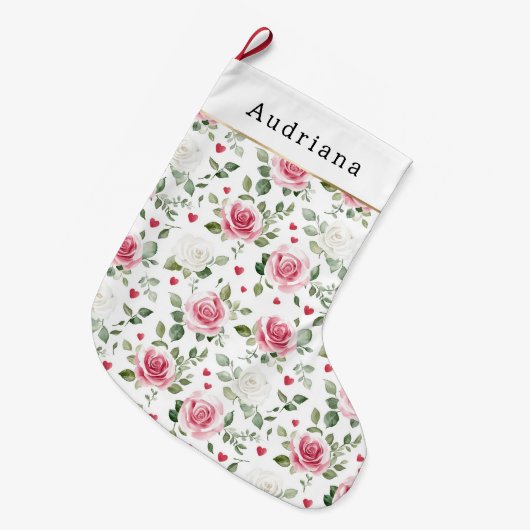 Pretty White Pink Hearts Roses Floral Christmas ラージクリスマスストッキング (正面 (吊り時))