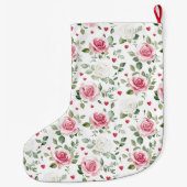 Pretty White Pink Hearts Roses Floral Christmas ラージクリスマスストッキング (裏面)