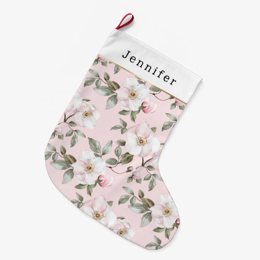 Pretty White Pink Roses Floral Christmas ラージクリスマスストッキング (正面 (吊り時))