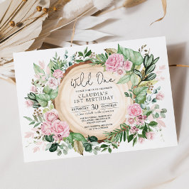 Pretty Wild One ピンクのブッシュ フラワーの女の子の誕生日 招待状