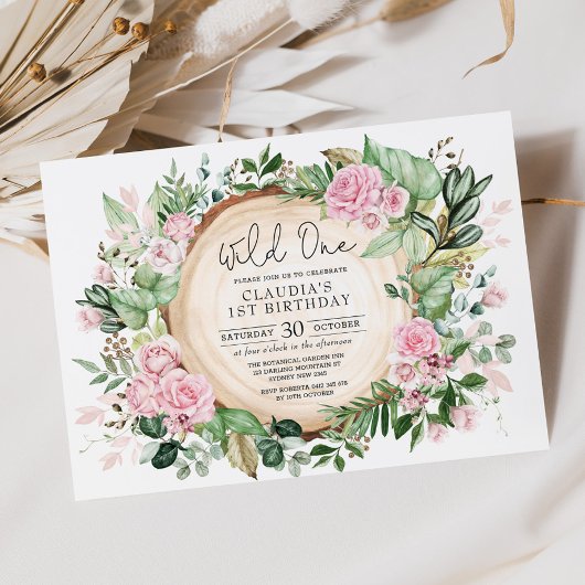 Pretty Wild One ピンクのブッシュ フラワーの女の子の誕生日 招待状