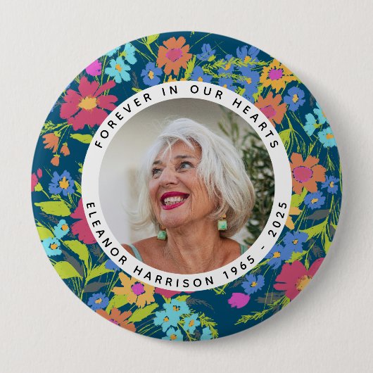 Pretty Wildflower Memorial Photo Frame with Text 缶バッジ (正面)