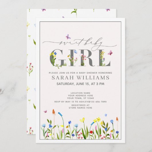Pretty Wildflower Sweet Baby Girl Script Shower 招待状 (正面/裏面)