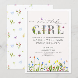 Pretty Wildflower Sweet Baby Girl Script Shower 招待状