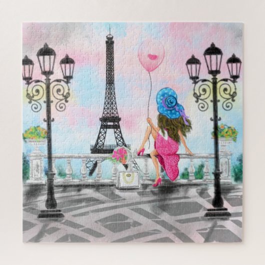 Pretty Woman and Pink Heart Balloon - I Love Paris ジグソーパズル (縦)