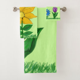 Pretty Yellow Blue Purple Floral Bath Towel Set バスタオルセット