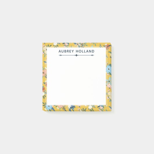 Pretty Yellow Floral Pattern 名前入り ポストイット (正面)