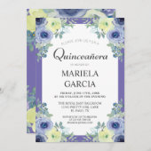 Pretty Yellow Purple Floral Quinceañera Birthday   招待状 (正面/裏面)