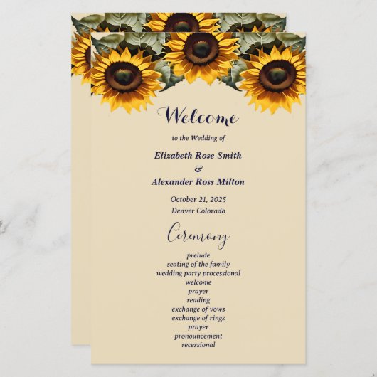 Pretty yellow sunflower elegant wedding program (正面/裏面)