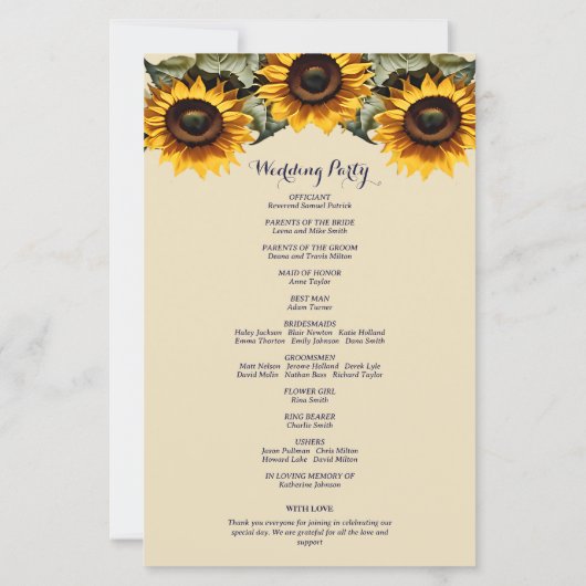 Pretty yellow sunflower elegant wedding program (裏面)