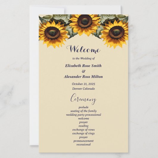 Pretty yellow sunflower elegant wedding program (正面)