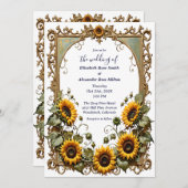 Pretty Yellow sunflower with art frame wedding  招待状 (正面/裏面)