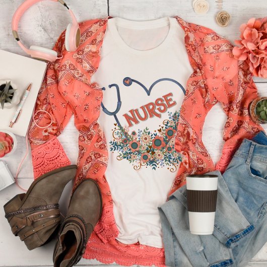 PrettyFloralナース聴診器インスピレーションTシャツ Tシャツ