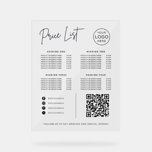 Price List Social Media Website QR Code Business アクリルサイン (正面)