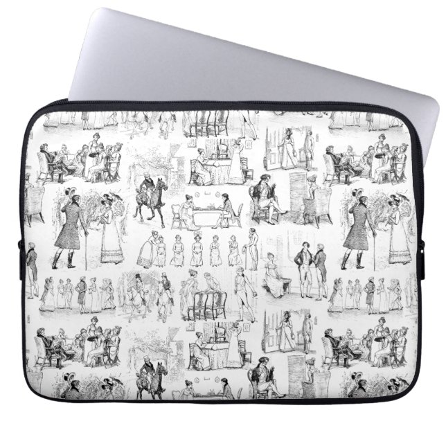 Pride and Prejudice Toile de Jouy Black and White ラップトップスリーブ (正面)