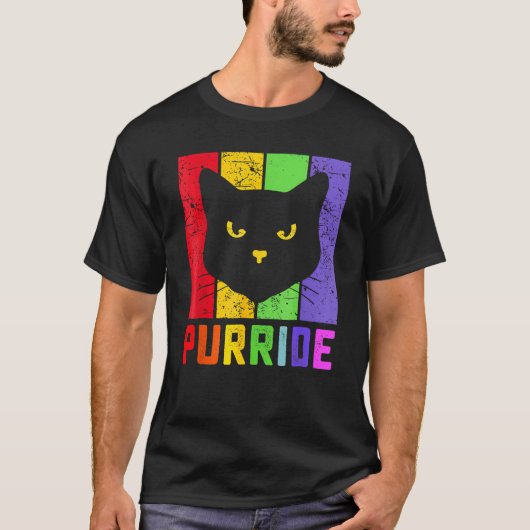 Pride Cat Purride Gay LGBTQ Rainbow Flag Retro Sty Tシャツ (正面)