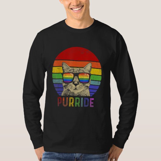 Pride Cat Purride Gay LGBTQ Rainbow Flag Retro Sty Tシャツ (正面)