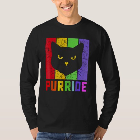 Pride Cat Purride Gay LGBTQ Rainbow Flag Retro Sty Tシャツ (正面)