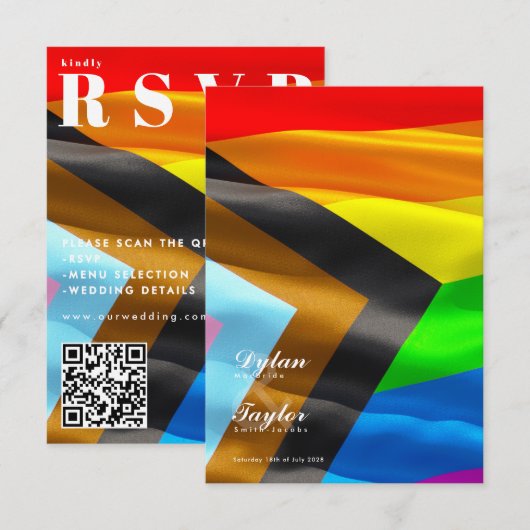 Pride Flag タイポグラフィ QRコード ウェディング RSVP カード (正面/裏面)