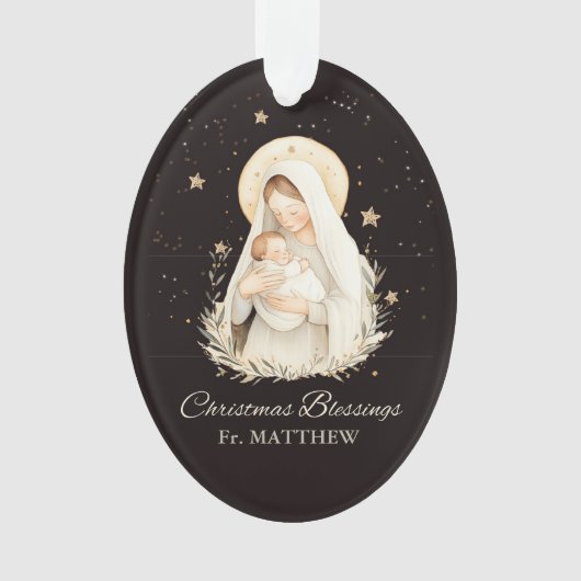 Priest Christmas Blessings Madonna Child Black オーナメント (正面)
