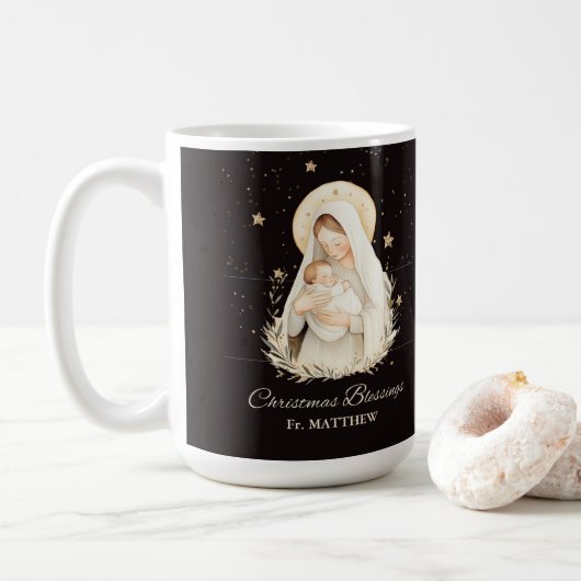 Priest Christmas Blessings Madonna Child Black コーヒーマグカップ (ドーナツ)