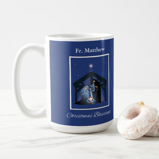 Priest Christmas Blessings, Nativity Scene on Blue コーヒーマグカップ (ドーナツ)