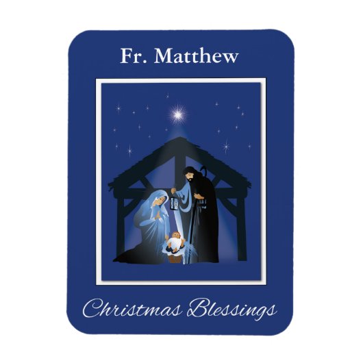 Priest Christmas Blessings, Nativity Scene on Blue マグネット (縦)