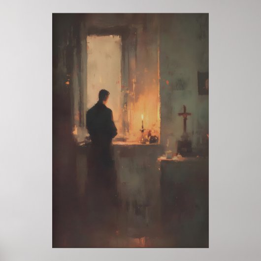 Priest Praying By Candlelight, Christian Wall Art ポスター (正面)