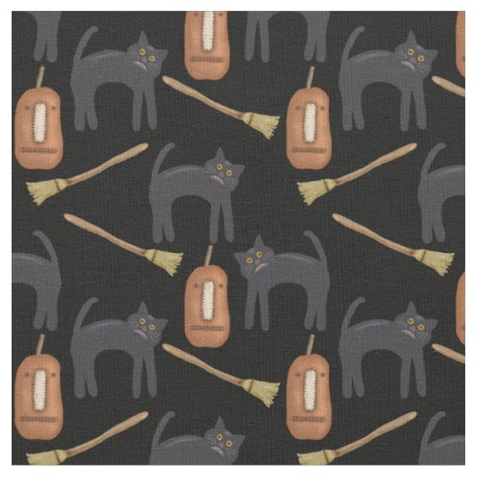 Prim Halloween Cats, Pumpkins, Brooms, 56インチ生地 ファブリック (クローズアップ)