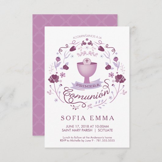 Primera Comunión Invitación -スペイン語、女の子 招待状 (正面/裏面)