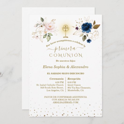  Primera Comunión Twins First Holy Communion 招待状 (正面/裏面)