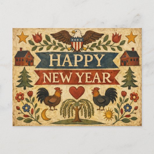 Primitive Americana Folk Art New Year シーズンポストカード (正面)