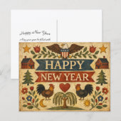 Primitive Americana Folk Art New Year シーズンポストカード (正面/裏面)