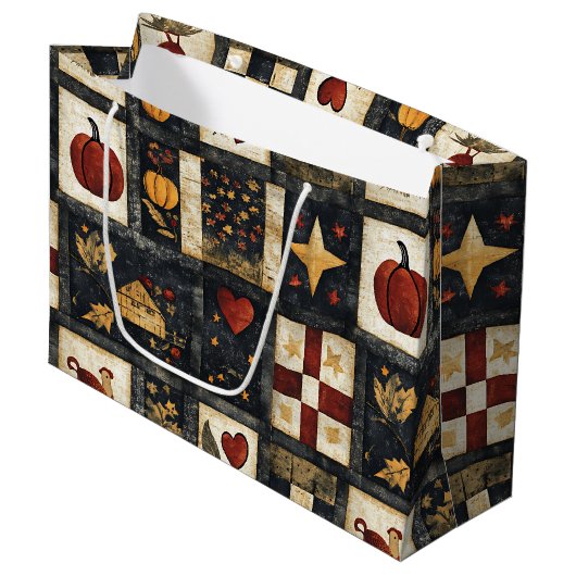 Primitive Autumn Quilt Pattern | Farmhouse Harvest ラージペーパーバッグ (正面アングル)