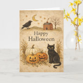 Primitive Black Cat Folk Art Halloween カード (黄色い花)